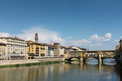 Bridge over river with buildings in background