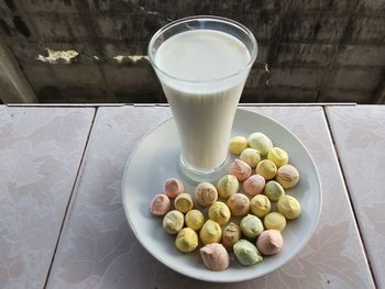 High angle view of breakfast on table