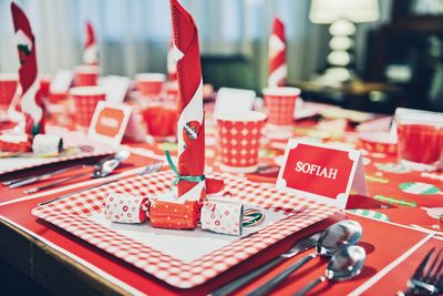 Close-up of eating utensils on table