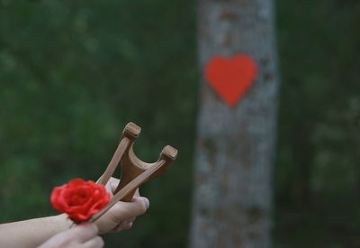 Cropped image of person aiming rose at heart shape with slingshot