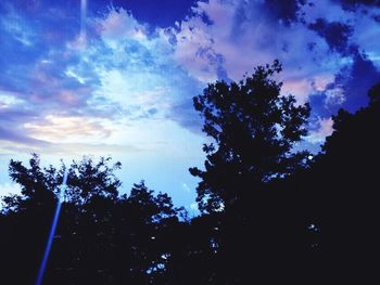 Low angle view of trees against cloudy sky