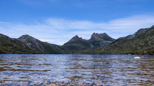 Scenic view of lake by mountains against sky