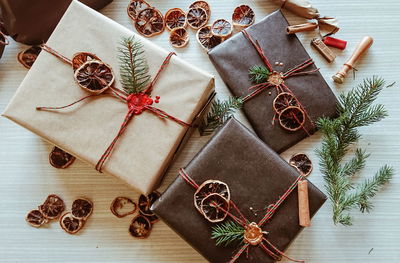 High angle view of christmas decoration on table