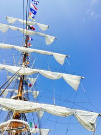 Low angle view of sailboat in sea against clear sky