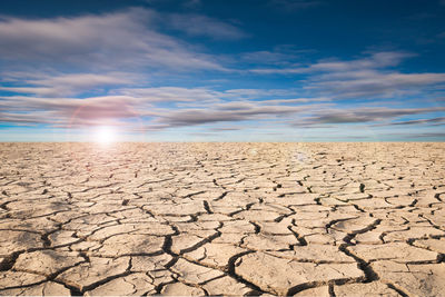 Surface level of barren land against sky