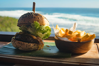 Close-up of fast food served on cutting board