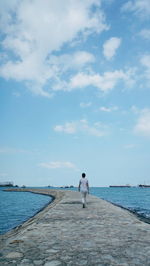 Rear view of man walking on groyne against sky