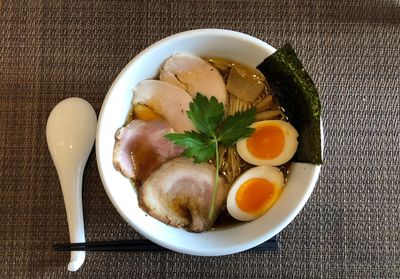 High angle view of breakfast served on table