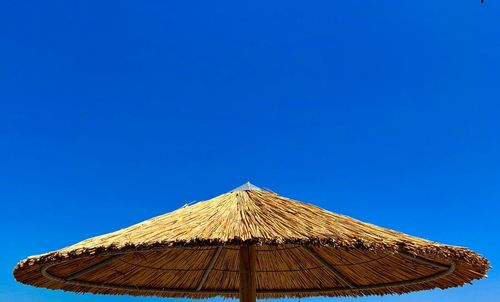 Low angle view of roof against clear blue sky