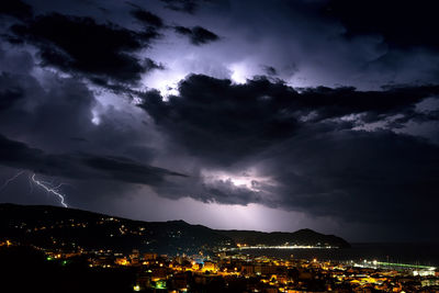 Panoramic view of illuminated city against sky at night