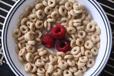 Directly above shot of breakfast cereal and raspberries in bowl