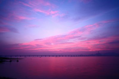 View of bridge over calm sea at sunset