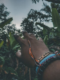 Cropped image of man hand gesturing against trees outdoors