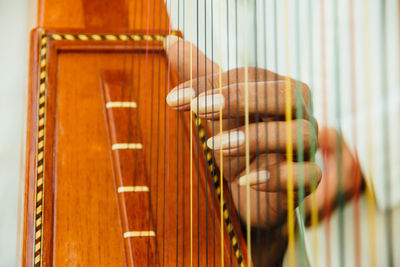 Close-up of harp