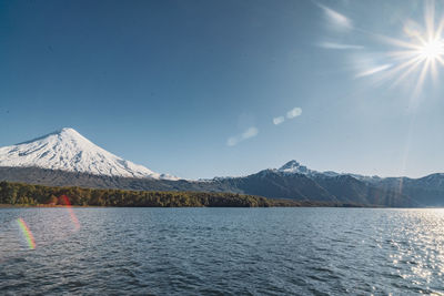 Scenic view of sea and mountains against sky