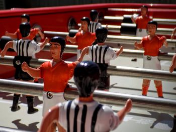 View of red foosball table in the sunshine