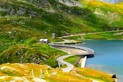 High angle view of bridge on mountain by trees