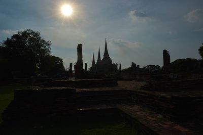 Temple against sky at sunset