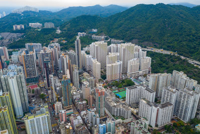 High angle view of modern buildings in city