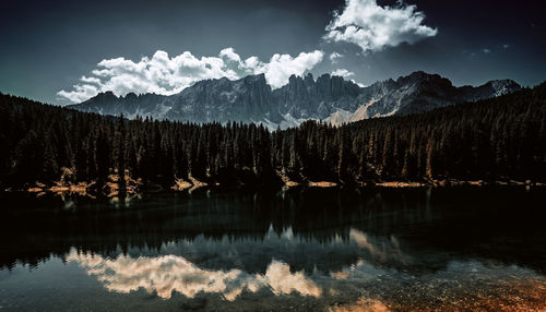 Scenic view of lake by snowcapped mountains against sky