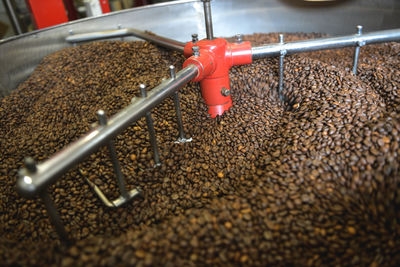 High angle view of coffee beans getting roasted