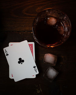 High angle view of beer in glass on table