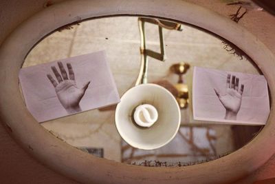 High angle view of coffee cup on table