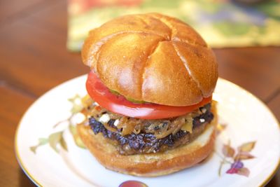 Close-up of burger in plate on table