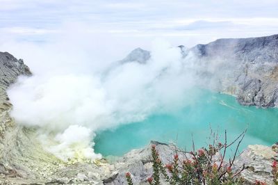 Smoke emitting from ijen volcanic mountain