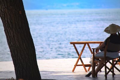 Rear view of man sitting on beach