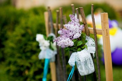 Close-up of purple flowering plant, lilac flower vase, wedding day decoration hanging on fence