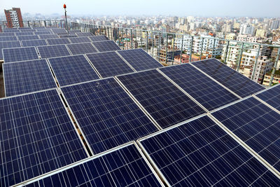 High angle view of modern buildings in city