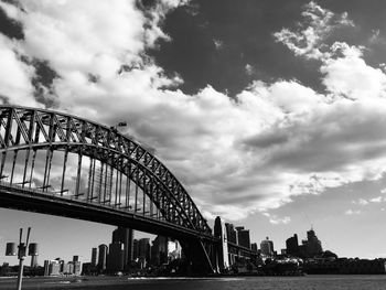 Low angle view of bridge over river against cloudy sky