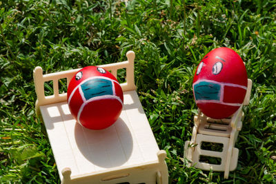 High angle view of toy on grass in field