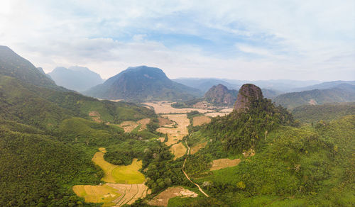 Scenic view of landscape and mountains against sky