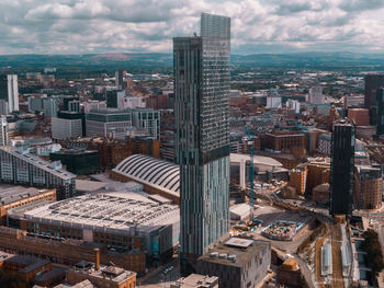 High angle view of buildings in city