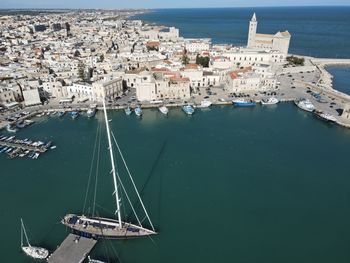 High angle view of sea and buildings in city
