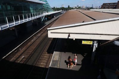 High angle view of people at railroad station