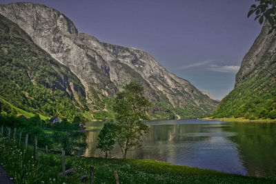 Scenic view of lake and mountains against sky