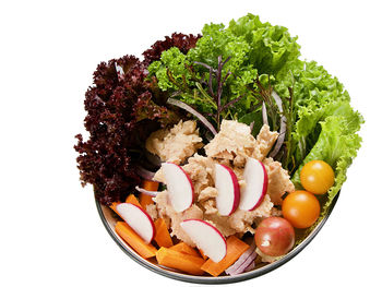 High angle view of vegetables in bowl against white background