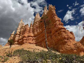 Low angle view of rock formations against sky