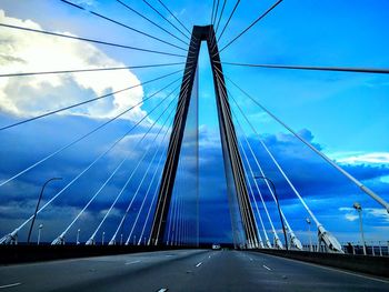 View of suspension bridge against cloudy sky