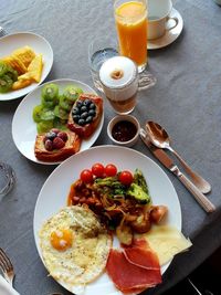 High angle view of breakfast served on table