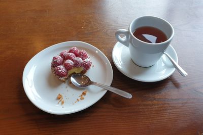 High angle view of breakfast served on table
