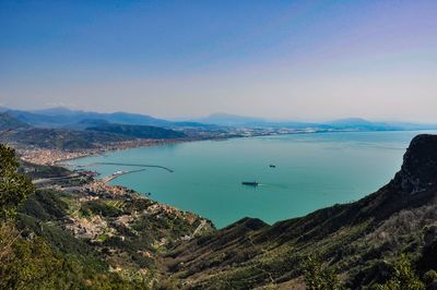 High angle view of sea and mountains against clear sky