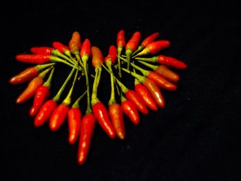 Close-up of red chili peppers against black background