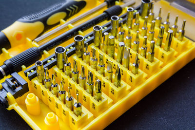 High angle view of toolbox on table