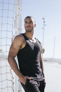 Upper part portrait of african american male athlete standing