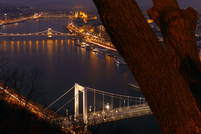 Illuminated bridge over river at night