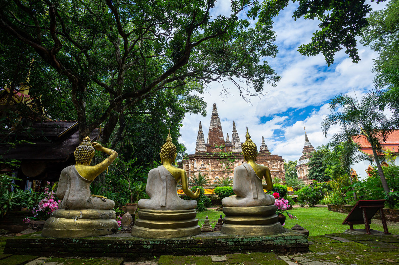 STATUE AGAINST TREES AND TEMPLE